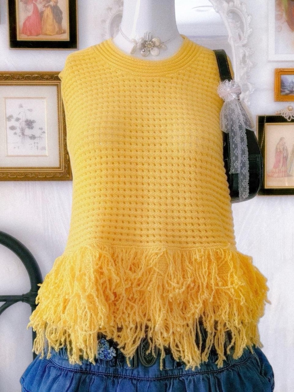 Boho coastal girly open knit fringe butter yellow top